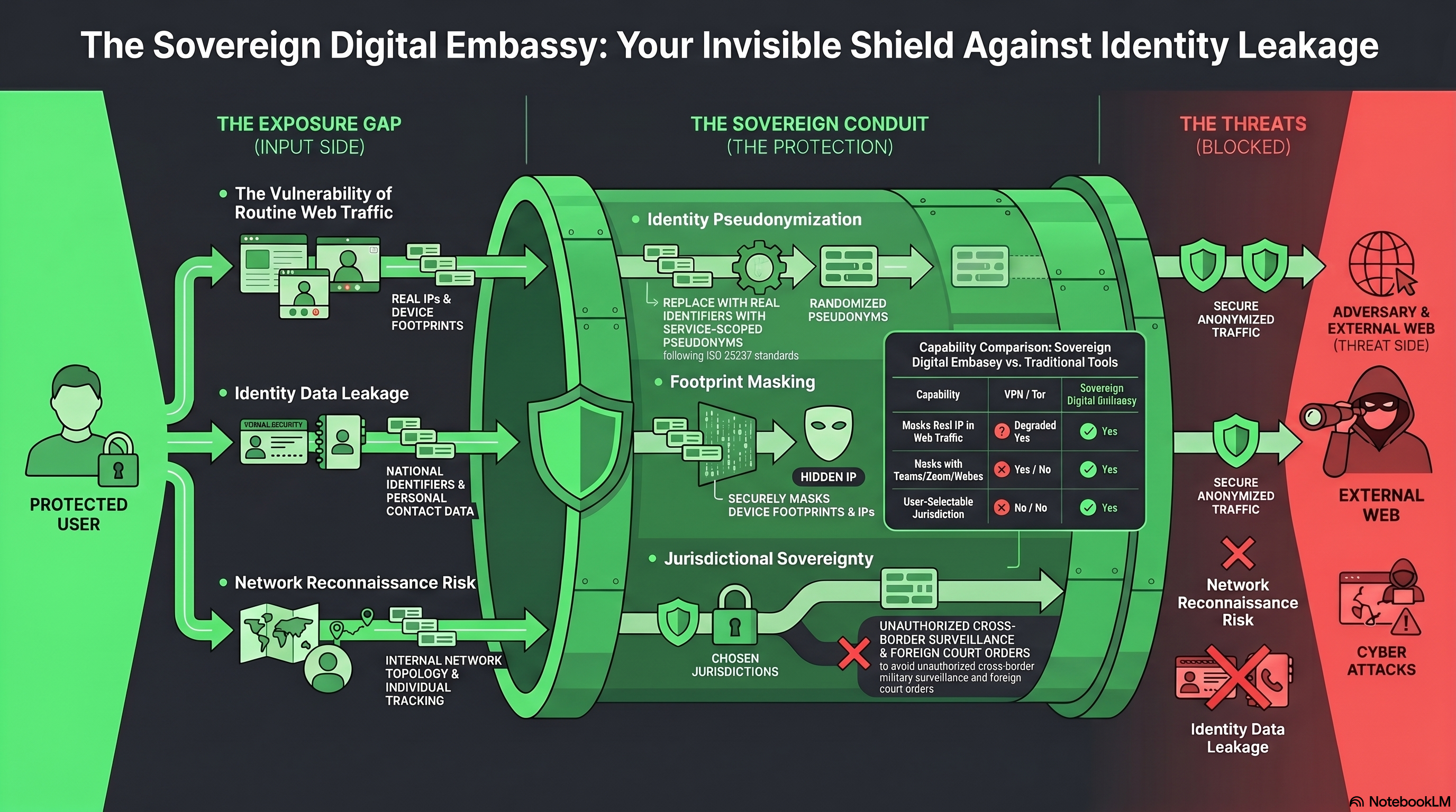 Diagram showing how The Sovereign Digital Embassy masks identities and routes traffic through a trusted jurisdiction